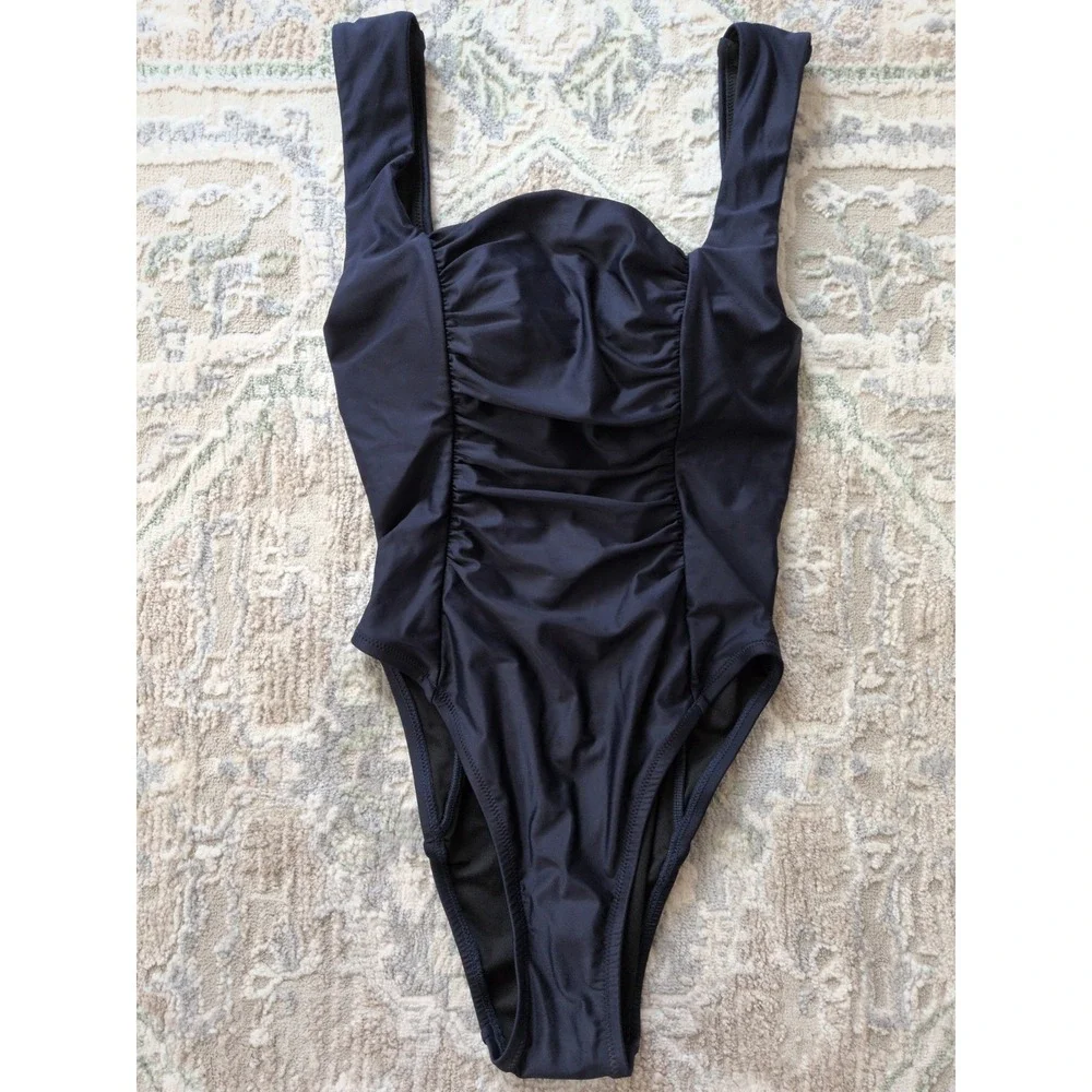 J Crew Blue Ruched Squareneck One Piece Swimsuit Women's Size 4 NWT